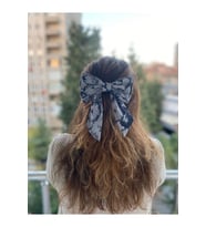 Etnik Şifon Kumaş Uzun Kuyruklu Büyük Boy Otomatik Fiyonk Toka, Çift Fiyonklu Toka (Gri)