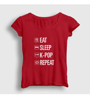Presmono Kadın Sarı Eat Sleep Repeat K-Pop T-Shirt 273168tt (Kırmızı)