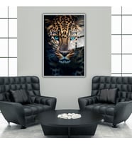 Metal Çerçeveli Temperli Cam Tablo Mavi Gözlü Leopar (Gümüş)