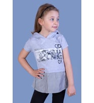 Toontoy Kız Çocuk Eteği ve Kapüşonu Garnili Tişört ( Gri-Melanj)