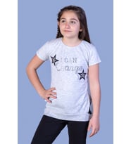 Toontoy Kız Çocuk Yıldız Baskılı Taş İşlemeli Tişört ( Gri-Melanj)