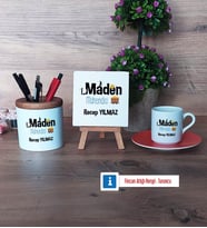 Maden Mühendisi Hediye Seti Dekoratif Taş, Kalemlik, Ahşap Altlıklı Türk Kahvesi Fincanı Hediye (Model 8)