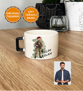 Kişiye Özel Karikatürlü Asker Lüks Fincan Beyaz Askere Hediye Asker Sevgiliye Hediye (Siyah)