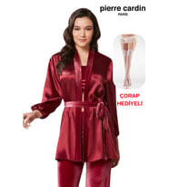 Pierre Cardin Kadın 3'lü Kadife Croplu Sabahlıklı Saten Pijama Takım Çorap Hediyeli (Bordo)