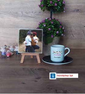 Anneye Hediye Fotoğraflı Dekoratif Taş, Ahşap Altlıklı Türk Kahvesi Fincanı Hediye (Model 7)