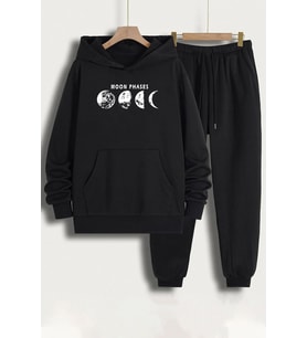 Unisex Moon Phases Baskılı Eşofman Takımı (Siyah)