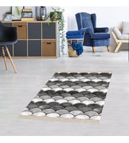 Geometrik Desenli Dijital Baskı Yıkanabilir Kaymaz Taban Etnik Kilim Desen Salon Halı (Beyaz)