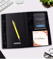 Kişiye Özel Siyah Defter & Gümüş Renk Detaylı Tükenmez Kalem & Selamlıque Türk Kahvesi Hediye Seti (Model 5)