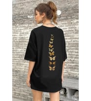 Unisex Sırt Kral Kelebek Baskılı T-shirt (Siyah)