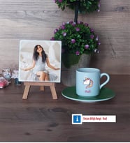 Unicorn Fotoğraflı Dekoratif Taş, Ahşap Altlıklı Türk Kahvesi Fincanı Hediye (Model 9)
