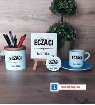 Eczacı Hediye Seti Dekoratif Taş, Kalemlik, Ahşap Altlıklı Türk Kahvesi Fincanı, Ahşap Anahtarlık Hediye (Model 5)