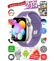 Oppo F17 Pro Uyumlu Akıllı Saat Watch 9 Max+2024 45mm Kordon Hediyeli Amoled Ekran (Mor)