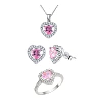 Yantra Silver Kalpli, Küpe Kolye ve Yüzük 925 Ayar Gümüş Takı Seti (Pembe)