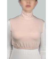 Sıfır Kol Balıkçı Yaka Tam Boğazlı Likralı Penye Kadın Yarım Body (Bej)