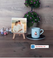 Anne Adayı Fotoğraflı Dekoratif Taş, Ahşap Altlıklı Türk Kahvesi Fincanı Hediye (Model 7)