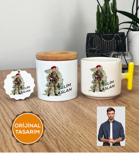 Kişiye Özel Karikatürlü Asker Hediye Seti T Kupa, Kalemlik, Anahtarlık Askere Hediye Asker Sevgiliye Hediye (Sarı)