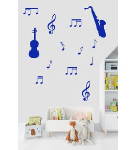Müzik ve Notalar Dekortaif Duvar Sticker (Mavi)