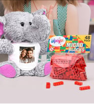 Kişiye Özel Peluş Pembe Fil Ve Renkli Micro Blocks Lego (Kırmızı)