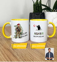 Kişiye Özel Karikatürlü Asker Kupa Bardak Askere Hediye Asker Sevgiliye Hediye (Sarı)