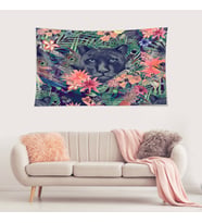 Tropikal Zeminde Siyah Kaplan Leke Tutmaz Kadife Dokulu Kumaş Duvar Örtüsü Duvar Halısı Tapestry (Çok Renkli)