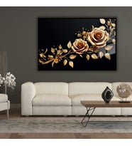 Metal Çerçeveli Yatay Cam Tablo Gold Renkli Güller ve Yapraklar (Siyah)