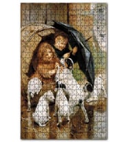 Cakapuzzle Fıçıda Şemsiyeli Çocuklar ve Yavru Köpekler Puzzle Yapboz MDF (Ahşap) (1000 Parça)