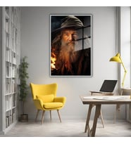 Metal Çerçeveli Cam Tablo Yüzüklerin Efendisi Gandalf Portresi (Gümüş)