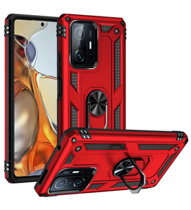 Xiaomi Mi 11T 5G Kılıf Zore Vega Yüzüklü Standlı Zırh Kılıf (Kırmızı)
