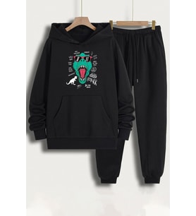 Unisex T - Rex Baskılı Eşofman Takımı (Siyah)