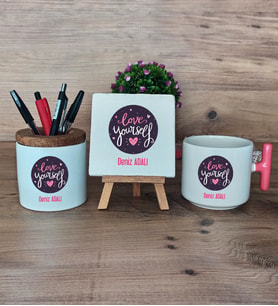 Love Your Self Hediye Sepeti Kupa Bardak T Kulplu, Kalemlik ve Dekoratif Taş Arkadaşa Hediye, Anneye Hediye (Model 4)