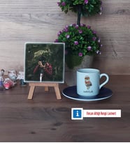 Baykuş Fotoğraflı Dekoratif Taş, Ahşap Altlıklı Türk Kahvesi Fincanı Hediye (Model 4)