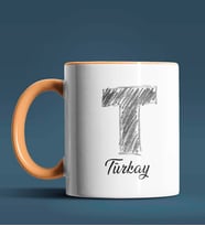 Kişiye Özel T Harfi Temalı Kara Kalem Tasarım Siyah Renk Kupa (Turuncu)