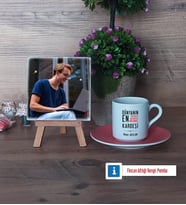 Erkek Kardeş Fotoğraflı Dekoratif Taş, Ahşap Altlıklı Türk Kahvesi Fincanı Hediye (Model 6)