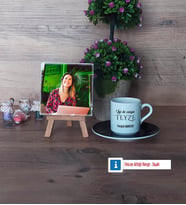 Teyzeye Doğum Günü Hediyesi Fotoğraflı Dekoratif Taş, Ahşap Altlıklı Türk Kahvesi Fincanı Hediye (Model 7)