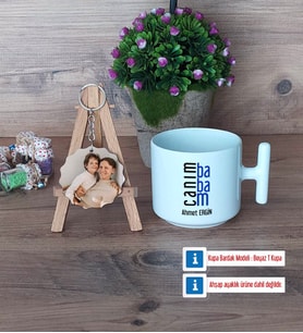 Babaya Hediye Kupa Bardak Beyaz ve Fotoğraflı Ahşap Anahtarlık Hediye (Model 12)