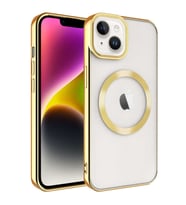 Iphone 14 Plus Uyumlu Kılıf Magsafe Köşeleri Renkli Lüx Şeffaf Kamera Korumalı Silikon Kapak (Gold)
