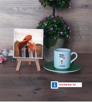 Ütopyalar Güzeldir Fotoğraflı Dekoratif Taş, Ahşap Altlıklı Türk Kahvesi Fincanı Hediye (Model 9)