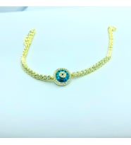 Zirkon Taşlı Camgöz Nazar Su Yolu 925 Ayar Gümüş Kadın Hediyelik Bileklik (Gold)