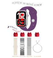 Samsung Galaxy M31 Prime Uyumlu Açık Mavi Akıllı Saat Watch 10 Mini Kordon Hediyeli AMOLED EKRAN 41MM (Mor-Grı)