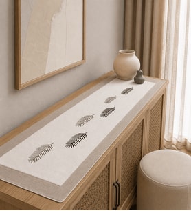 Tropik Yaprak Baskılı Runner, Konsol, Sehpa Örtüsü-Naturel&S.Kahve