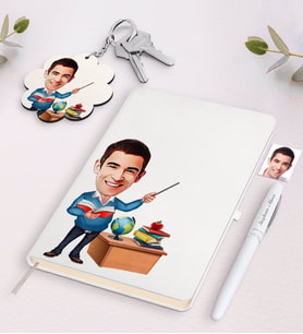 BK Gift Kişiye Özel Erkek Öğretmen Karikatürlü Siyah Defter Kalem Ve Anahtarlık Hediye Seti-5 (Model 2)