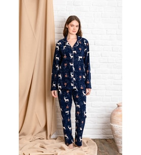 Kışlık Yılbaşı Desenli Kadın Gömlek Polar Pijama Takımı- Geyikli Yılbaşı Pijaması- Geniş Beden Aralığı (Lacivert)