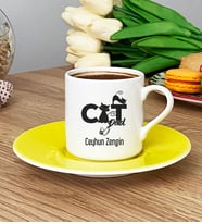 Kişiye Özel Cat Dad Türk Kahvesi Fincanı Kedi Babası -3- (Sarı)