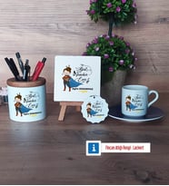 Kadın Öğretmene Hediye Hediye Seti Dekoratif Taş, Kalemlik, Ahşap Altlıklı Türk Kahvesi Fincanı, Ahşap Anahtarlık Hediye (Model 4)