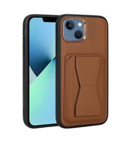 Apple iPhone 13 Kılıf Kartlıklı Standlı ?Suni Deri Memo Kılıf (Kahverengi)