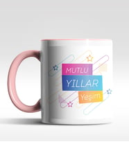 Kişiye Özel Mutlu Yıllar Yıldızlı Tasarımlı Siyah Kupa (Pembe)