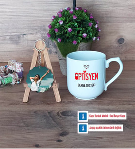 Optisyen Kupa Bardak Beyaz ve Fotoğraflı Ahşap Anahtarlık Hediye (Model 5)