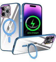 Apple iPhone 13 PRO Kılıf Standlı Magsafe Wireless Kablosuz Şarj Uyumlu Manyetik Renkli Şeffaf Kapak (Açık Mavi)