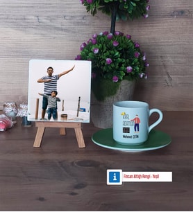 Babalar Günü Hediyesi Fotoğraflı Dekoratif Taş, Ahşap Altlıklı Türk Kahvesi Fincanı Hediye Babaya Doğum Günü Hediyesi (Model 9)