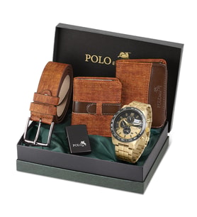 Polo Air Erkek Set Kombin Kemer Cüzdan Kartlık Çakmak Kol Saati Hediyelik Kutusunda  Set PL-0972E (Taba)